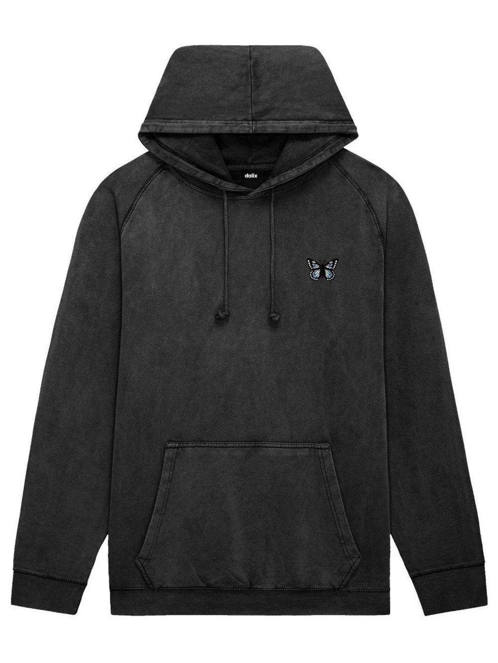 Dalix Butterfly Embroidered Black Wash Hoodie 100% Cotton Size Small NWT